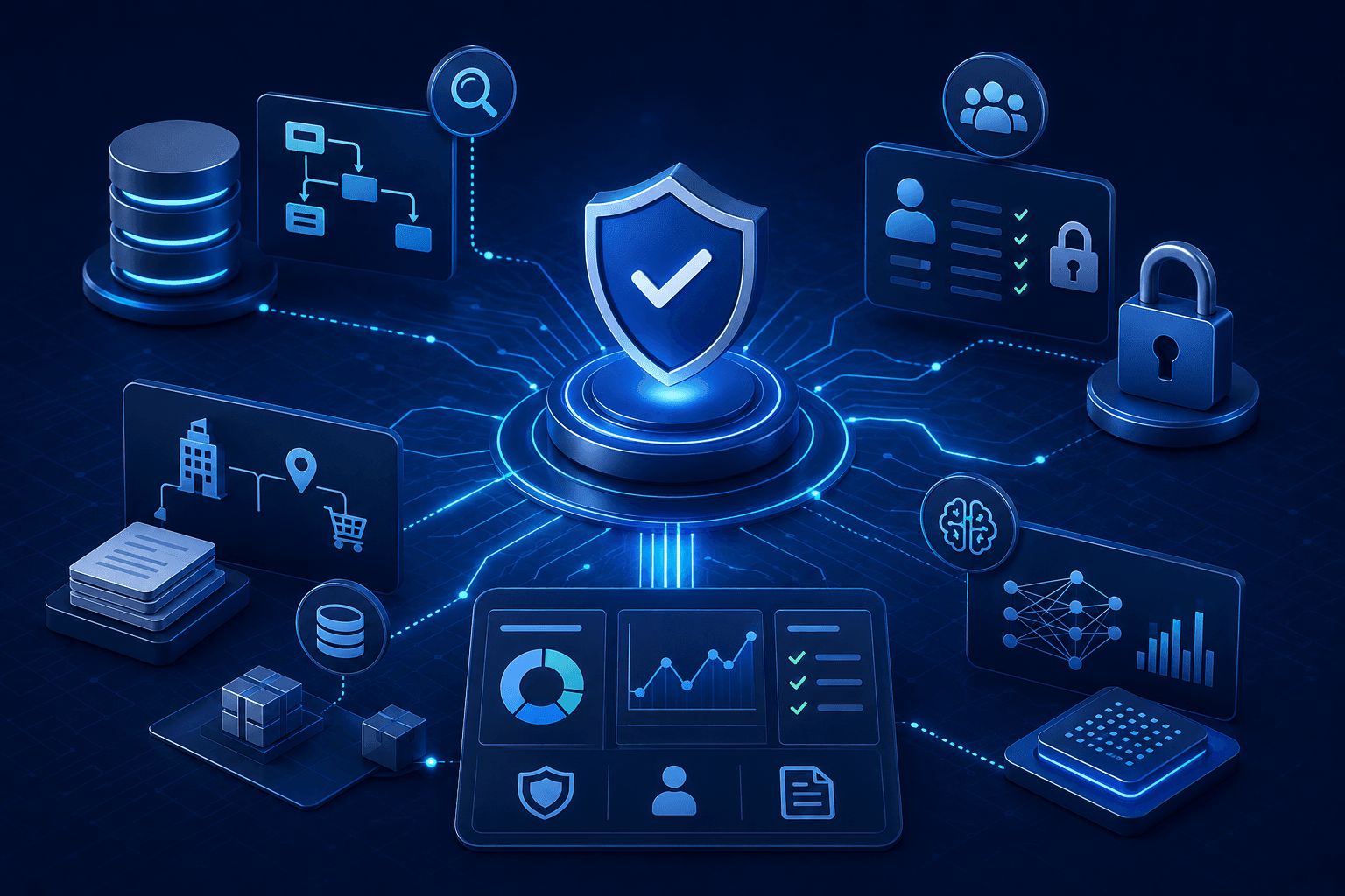 Data governance dashboard showing lineage, access control, and audit trail visualization